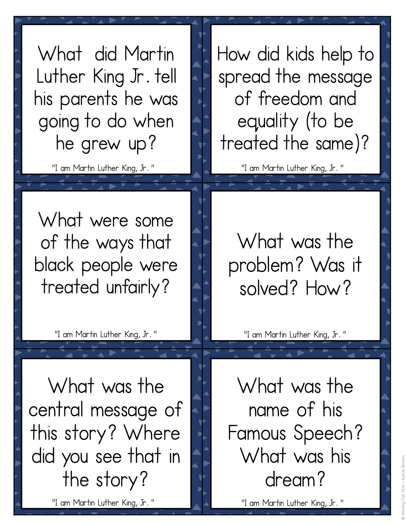 Book talk discussion cards for "I am Martin Luther King Jr."